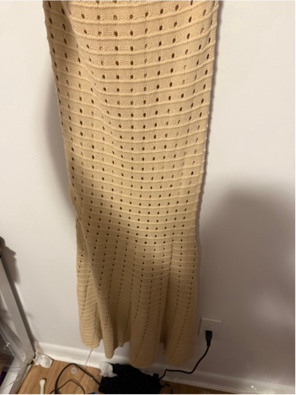 FORE Women’s Size L Beige Crochet Knit Strapless Maxi Dress Side Slit Boho - Picture 4 of 5